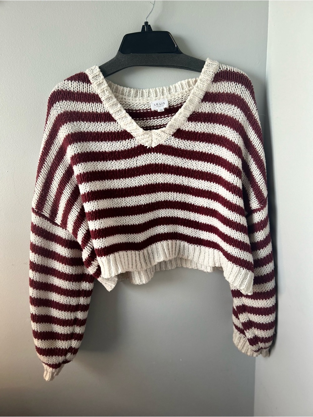 Striped V-Neck Cropped Sweater - Burgundy and Cream